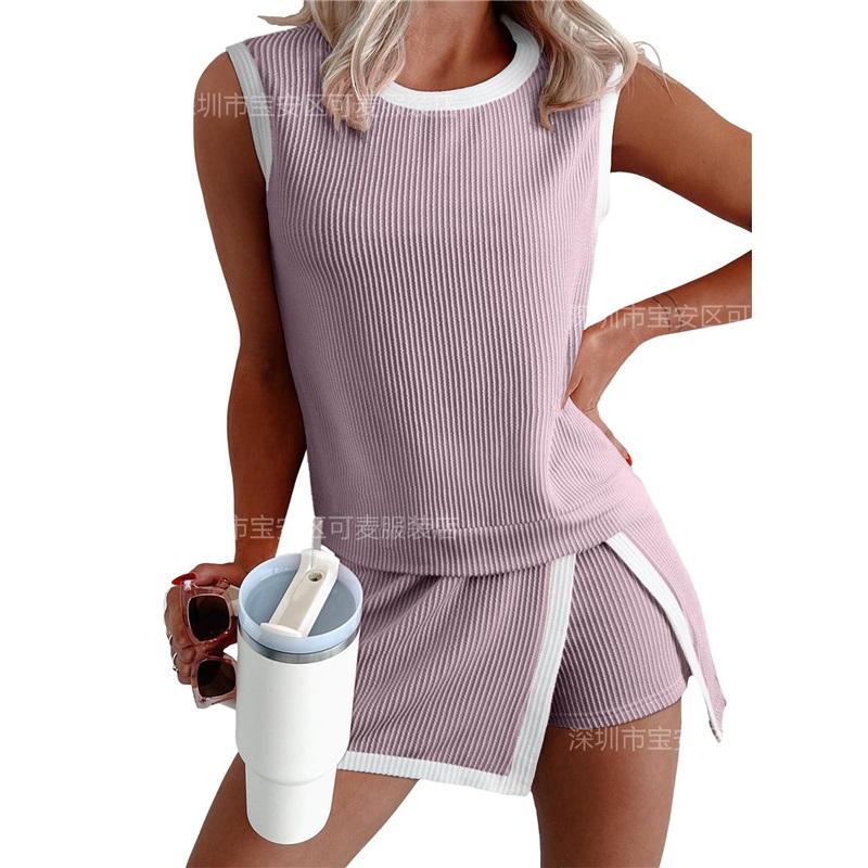  Women's Ribbed Knit 2-Piece Set Sleeveless Tank Top + Split Skort Shorts Outfit