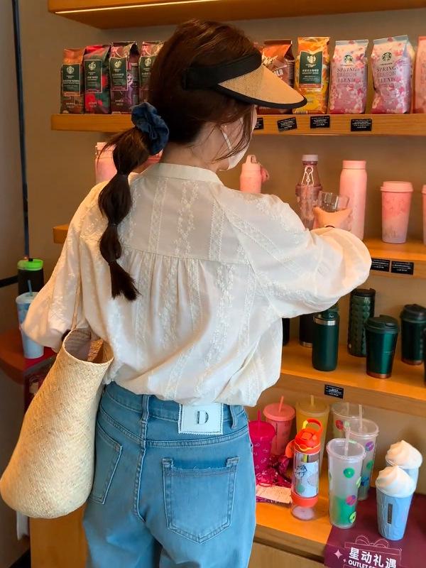 Korean Style Cotton Embroidered Long Sleeve Blouse - Women's Casual Spring/Summer Jacquard Shirt