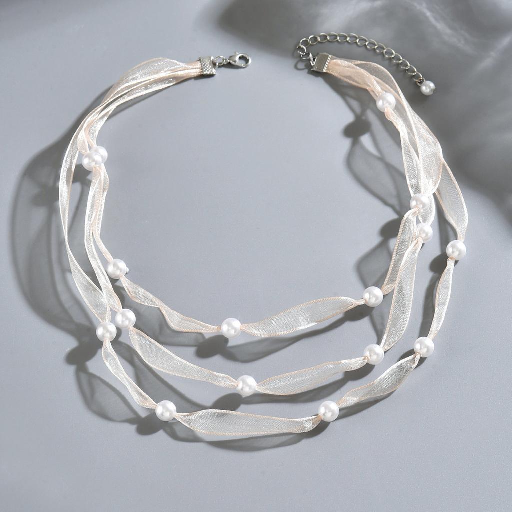 Pearl Organza Ribbon Choker, Sweet Simple Korean Style Clavicle Necklace