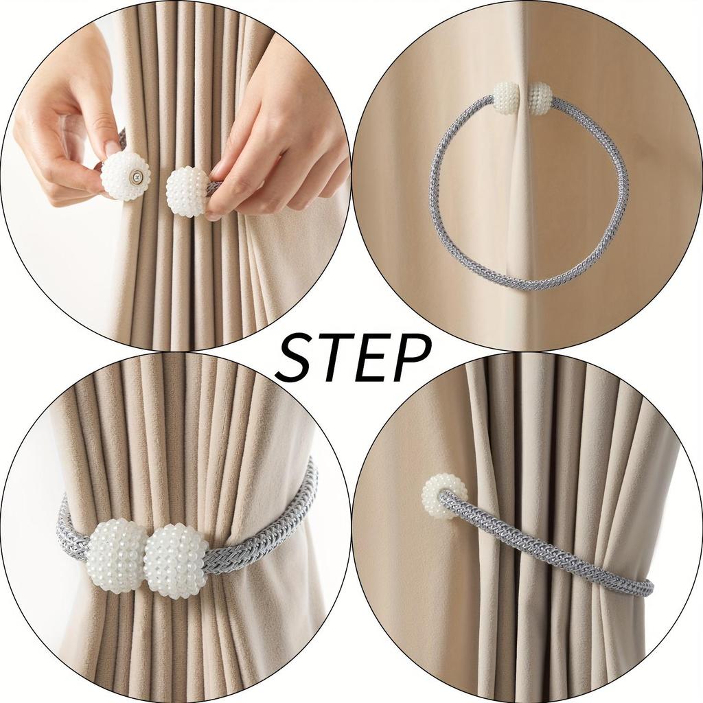 2pcs/Set Magnetic Curtain Tiebacks with Faux Pearl Accents - Classic Polyester Cord Hooks for Home Decor, Elegant Window Curtains for Living Room