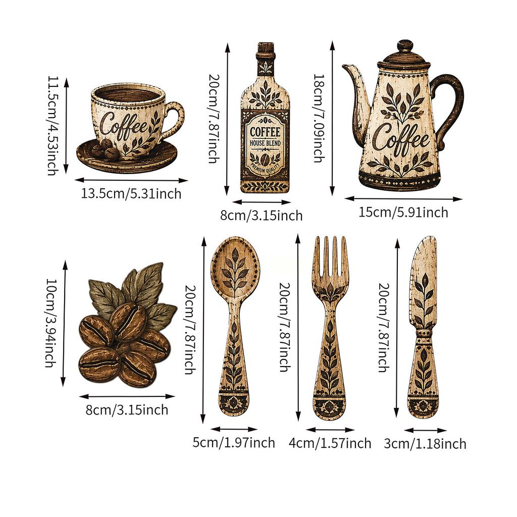 Coffee Themed Kitchen Wall Decor Set of 7 - Retro Wooden Hanging for Home Coffee Bar