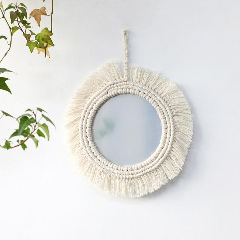 Bohemian Wall Mirror Macrame Fringes Tapestry Round Hanging Mirrors for Bedroom Apartment Entryways Home Decorations