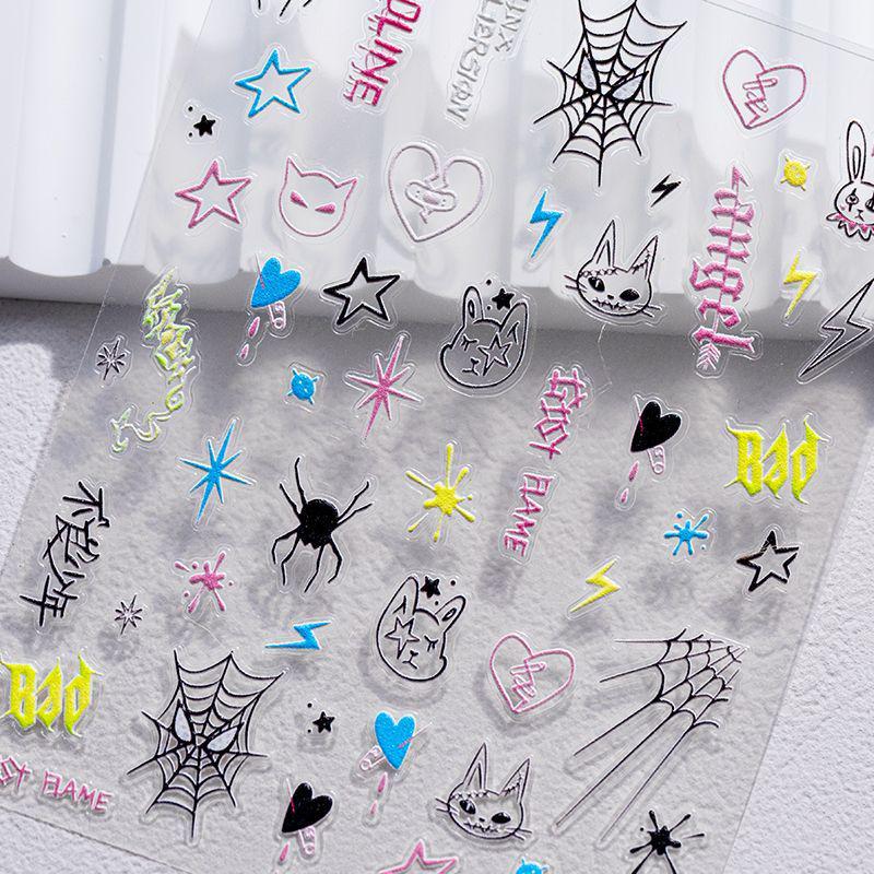 Sky Xiaohongshu 3D Embossed Waterproof Cartoon Nail Art Stickers - Curl-Free, Sweatproof, Hot Selling DIY Decor Lines Ghost SF-014