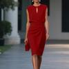 Dames mouwloze ronde hals keyhole ruches taille bodycon midi jurk voor kantoor