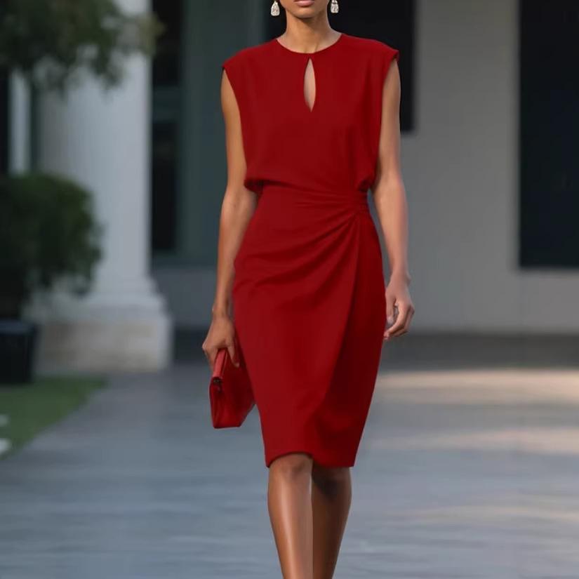 Dames mouwloze ronde hals keyhole ruches taille bodycon midi jurk voor kantoor
