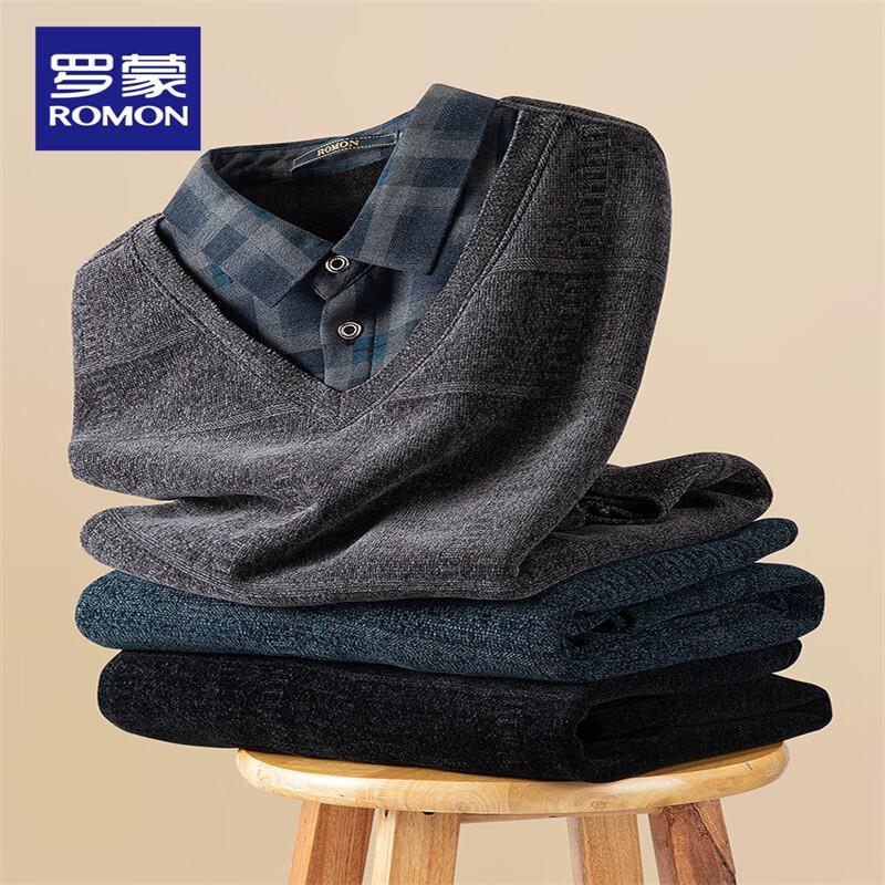 ROMON Men's 2025 Fake Two-Piece Warm Knit Shirt