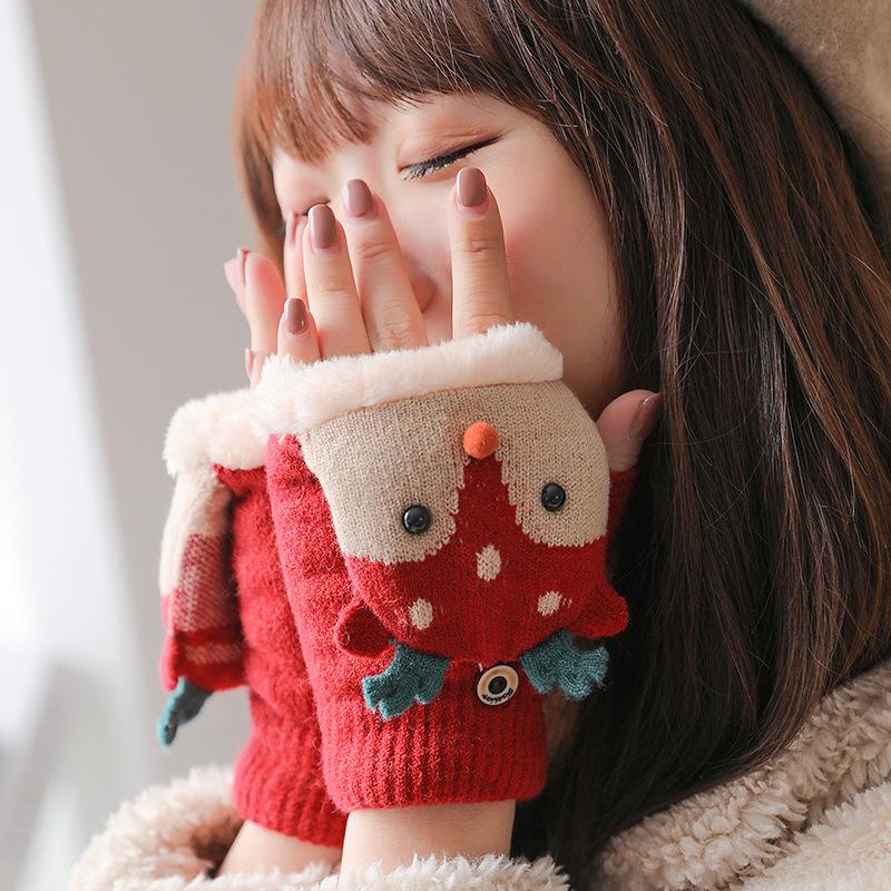 Gloves female winter cute student writing bare finger half male warm fleece flip child half finger Christmas