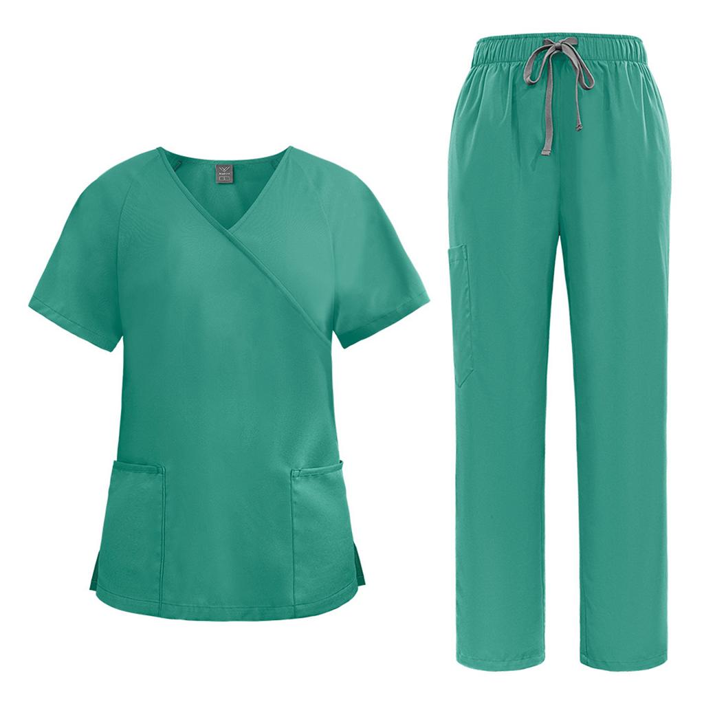 Women's Loose And Comfortable V-neck Short Sleeved Workwear With Tie Up Top And Waist Cinching Beauty Suit Set