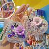 Folding Mirror Keychain Women Portable Makeup Mirror Rhinestone Faux Pearl Chain Sparkling Mirror