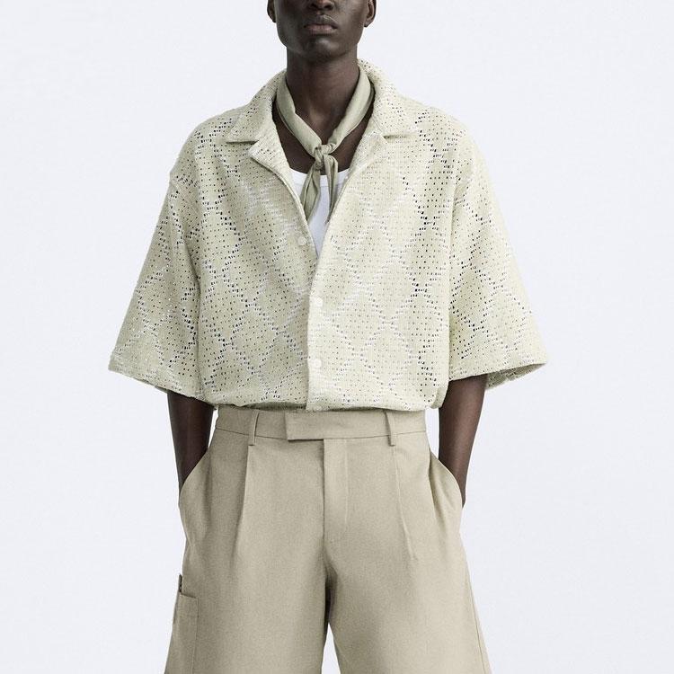 Zara Solid Color Loose Crochet Hollow Texture Short Sleeve Shirt Men Shirts Washed-Green 7545785-519