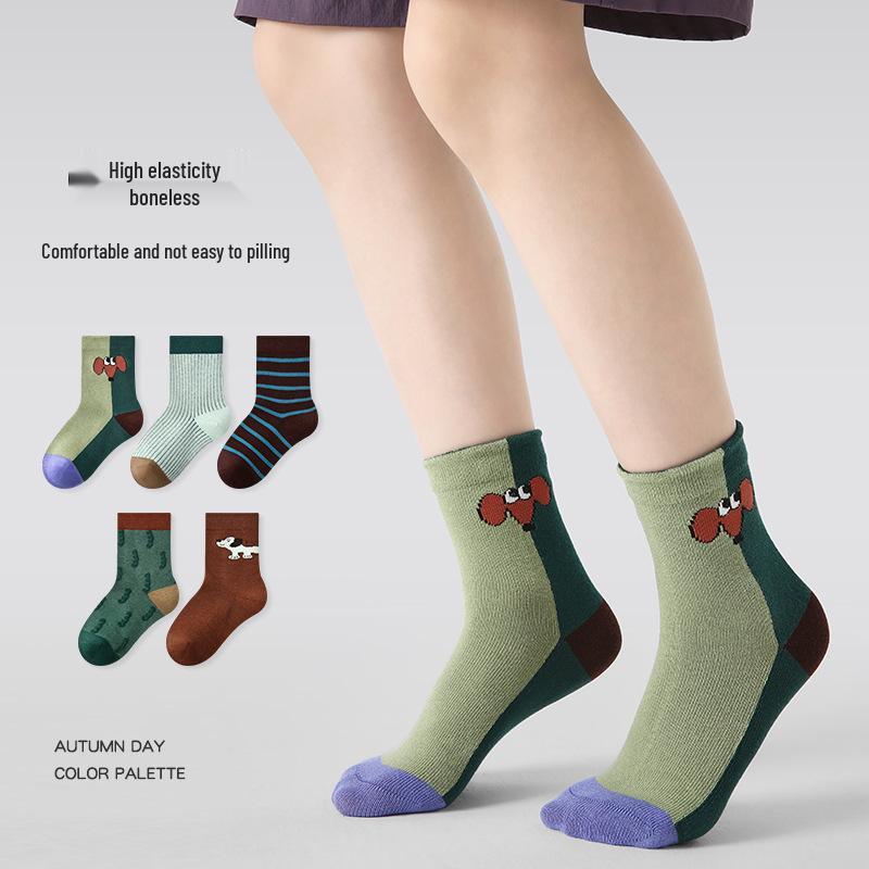 2025 Autumn/Winter Kids' Color Block Dog Socks - Cotton, Odor-Resistant, Versatile Sports Socks for Boys