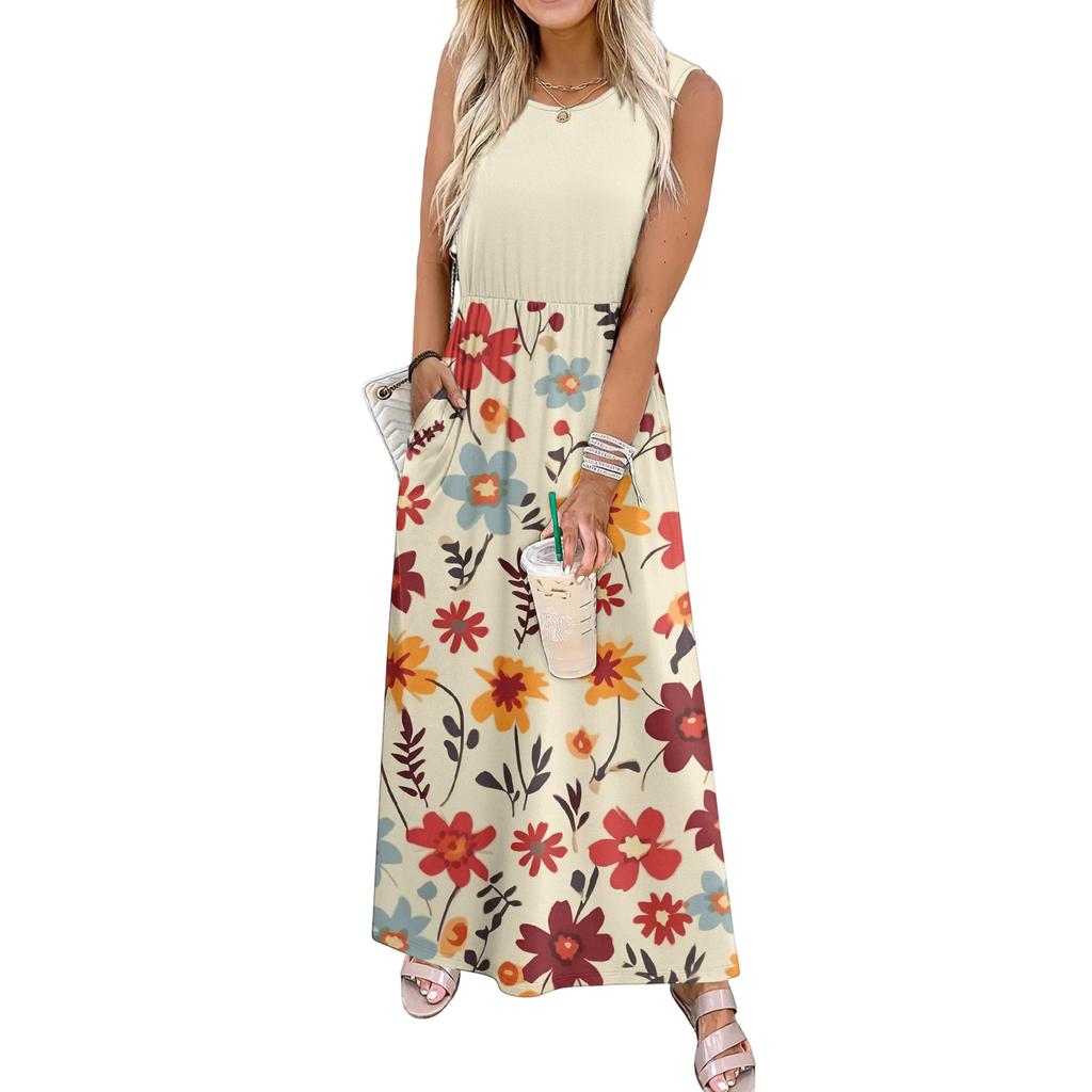 Sleeveless Floral Print Maxi Dress for Women Casual Waist Defined Long Dress Lightweight Summer Style Crew Neck