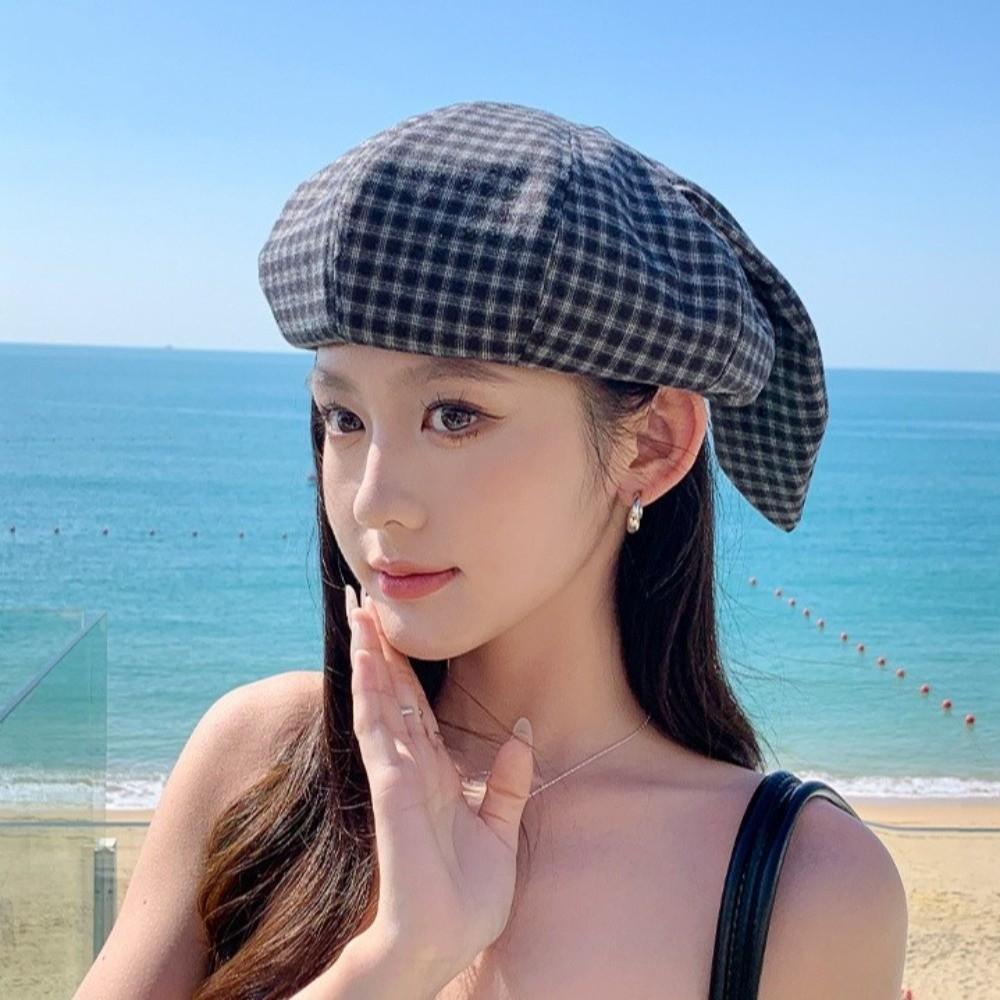 Korean Style Rabbit Ears Octagonal Hat Big Head Circumference Women Artist Hat Plaid Beret  Ladies