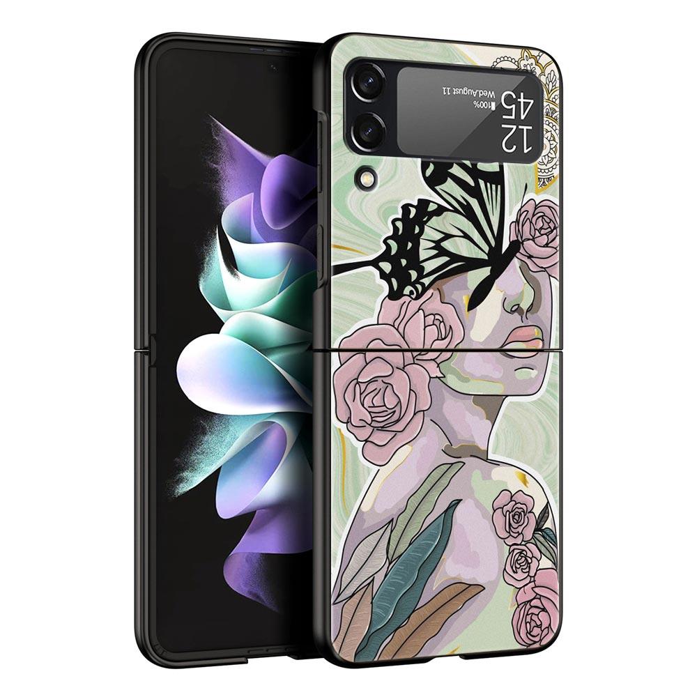 Paris Art Blue Butterfly Girl Flower Phone Case for Samsung Galaxy Z Flip 3 4 5 Black Folding Mobile Shell Hard Protect Cover