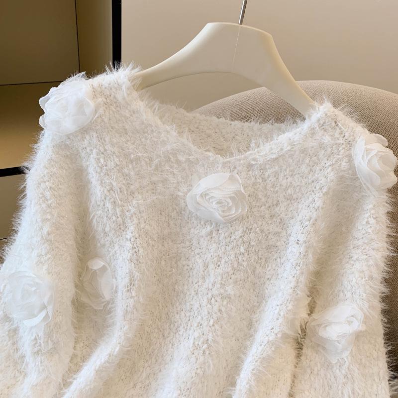 Women's Sweet Pink 3D Flower Sweater, Gentle Spring/Autumn Knit Base Layer