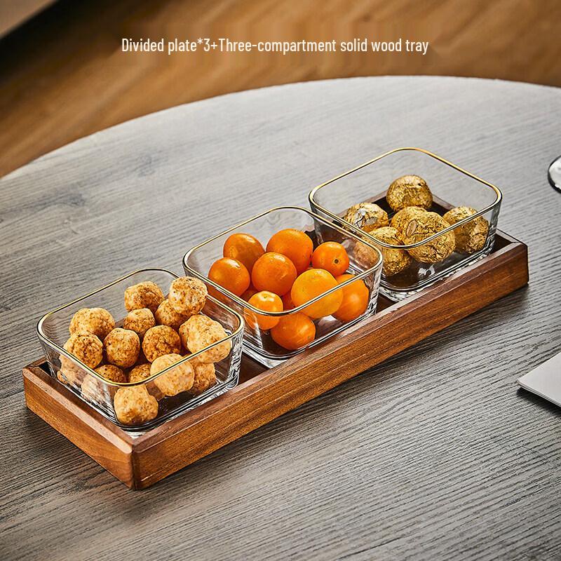 Light Luxury Walnut Wood & Glass Snack & Fruit Tray