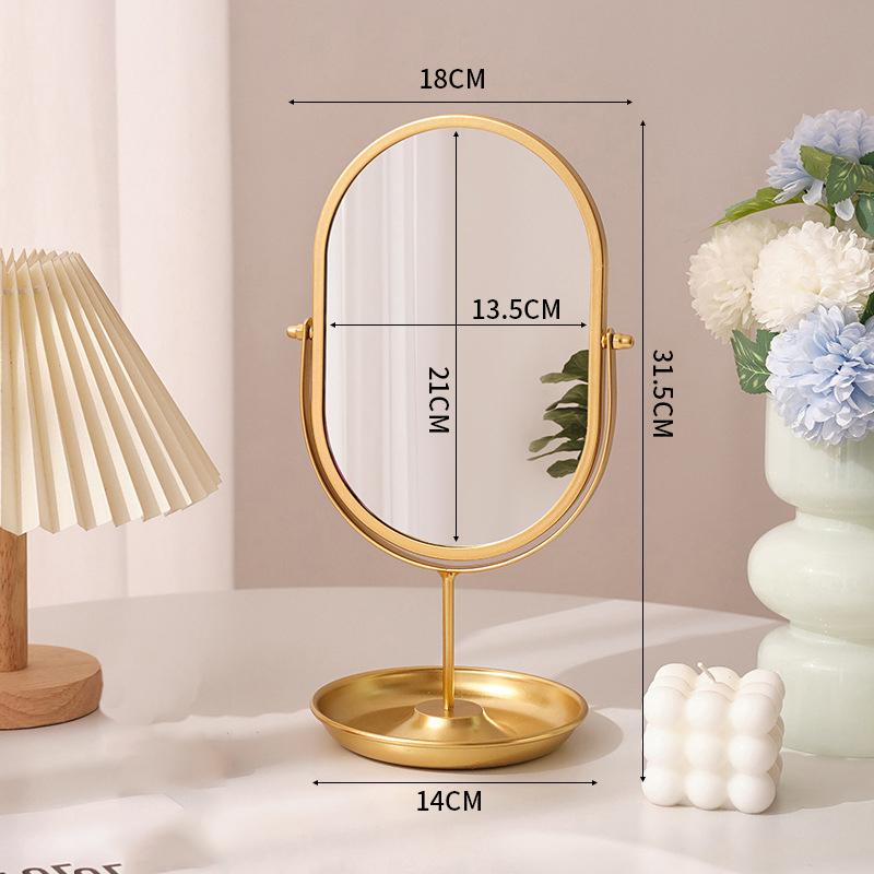 New Desktop Makeup Mirror Household Bedroom Vanity Mirror Iron Frame Oval Cosmetic Mirrors Two Style Flat Base and Storage Base