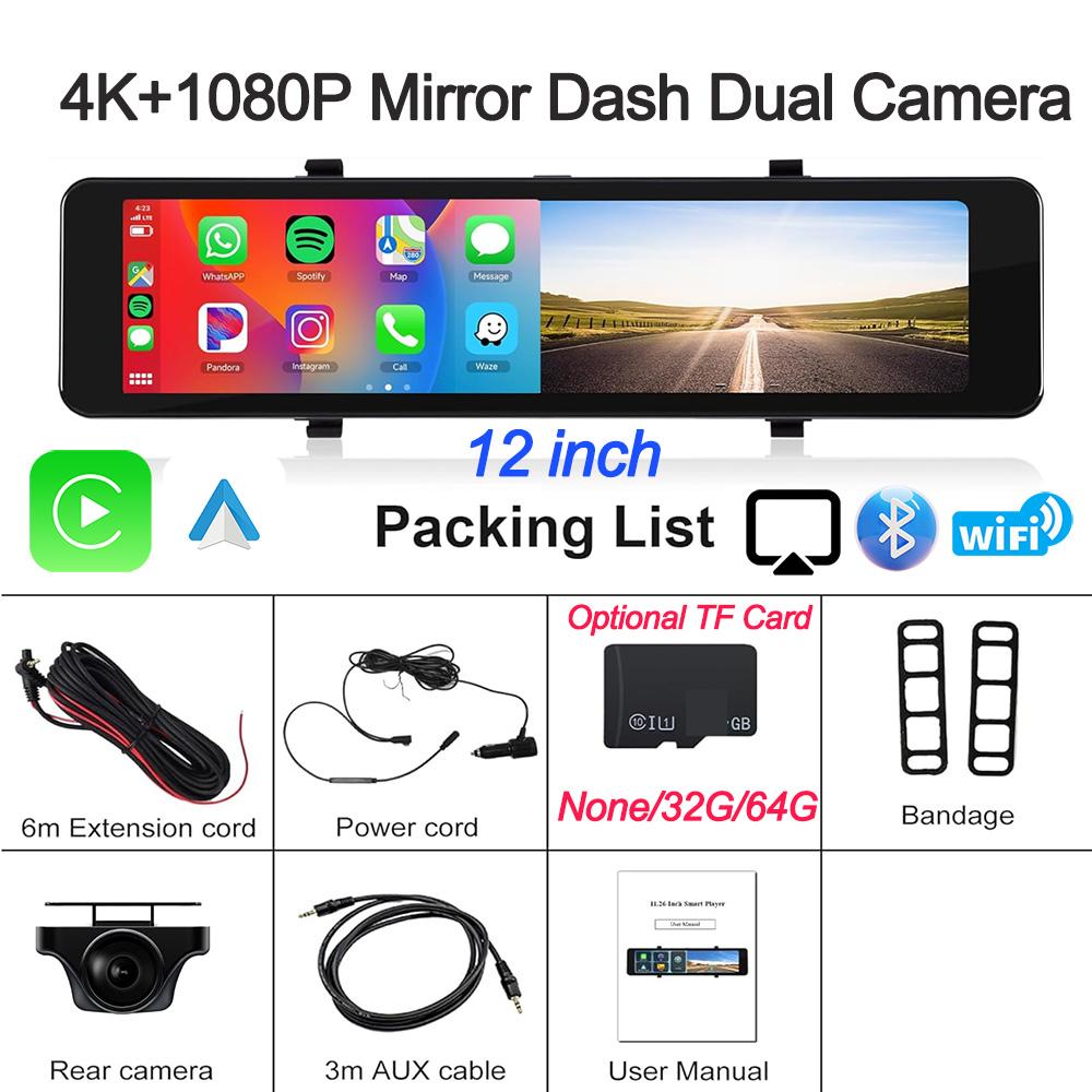 

12-дюймовый 4K двойной объектив видеорегистратор беспроводной CarPlay Android Auto WiFi автомобильный видеорегистратор FM поток зеркало заднего вида видеорегистратор автомобильные аксессуары None