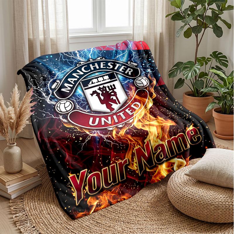 Coperta in Flanella Personalizzata con Nome Testo Manchester United Logo Calcio Plaid in Pile Personalizzato Regalo Speciale per Divano Camera da Letto Casa