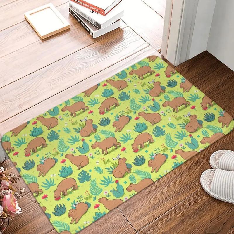 Adorable Capybara Themed Door Mat Anti-slip Entrance Rug with Boba Drinking Animal Pattern for Unique Home Decoration