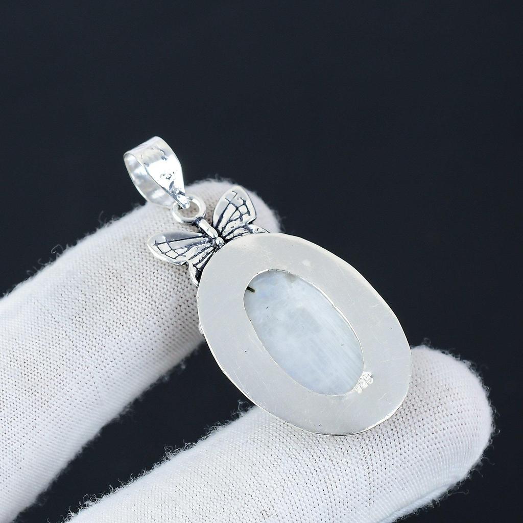 Dainty Rainbow Moonstone Gemstone Silver Pendant In 925 Sterling Silver- Handmade Butterfly Design, Everyday Wear Jewelry, Unique Pendant Gift