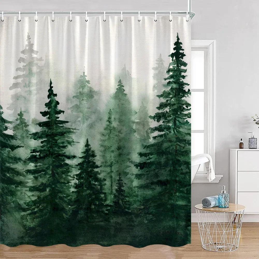 Mist Forest Shower Curtain Snow-capped Pines Nature Landscape Simple Bathroom Decorative Modern Polyester Shower Curtain
