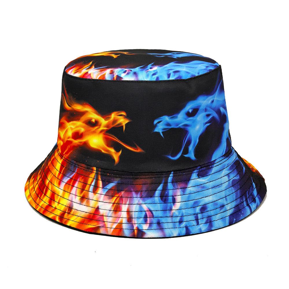 Fire Ice Dragon Print Bucket Hat, Unisex Gothic Style Fisherman Cap, Summer Sun Protection Panama Sunshade Hat for Outdoor Beach