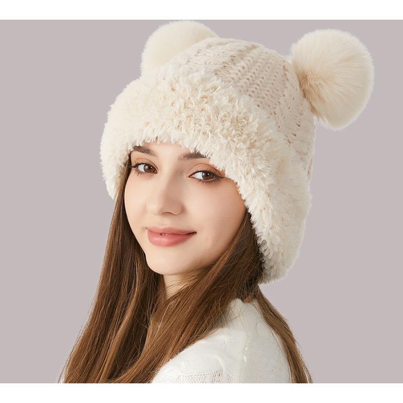 Girls' cute wool ball knitting hat in winter retro thick needle Fried Dough Twists plush edge splicing ear protection wool hat