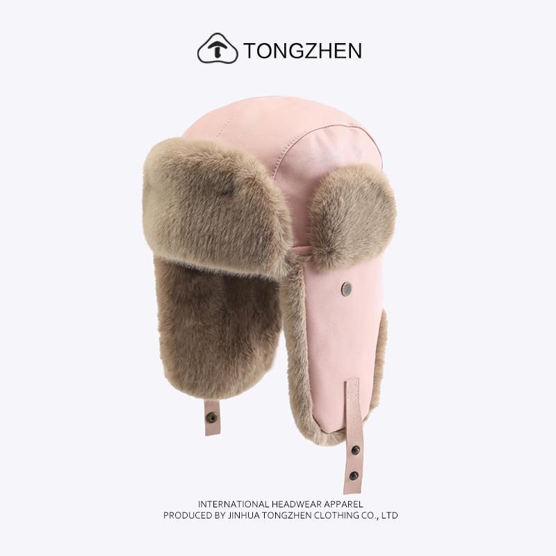 Leather Lei Feng hat, unisex, thickened for warmth, with ear protection, suitable for outdoor activities like skiing and cycling, and lined with