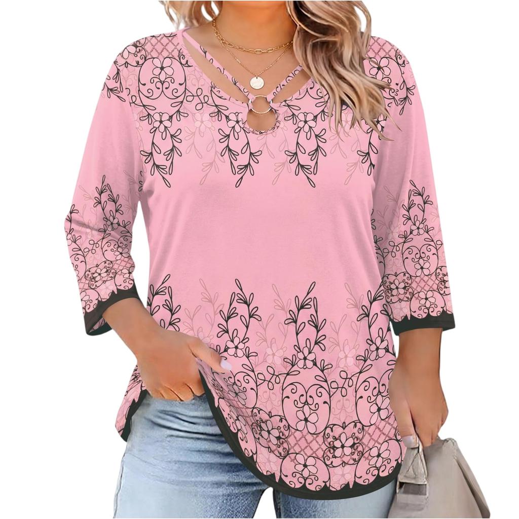 Women's Floral Print Three-Quarter Sleeve Top, Plus Size Casual Blouse