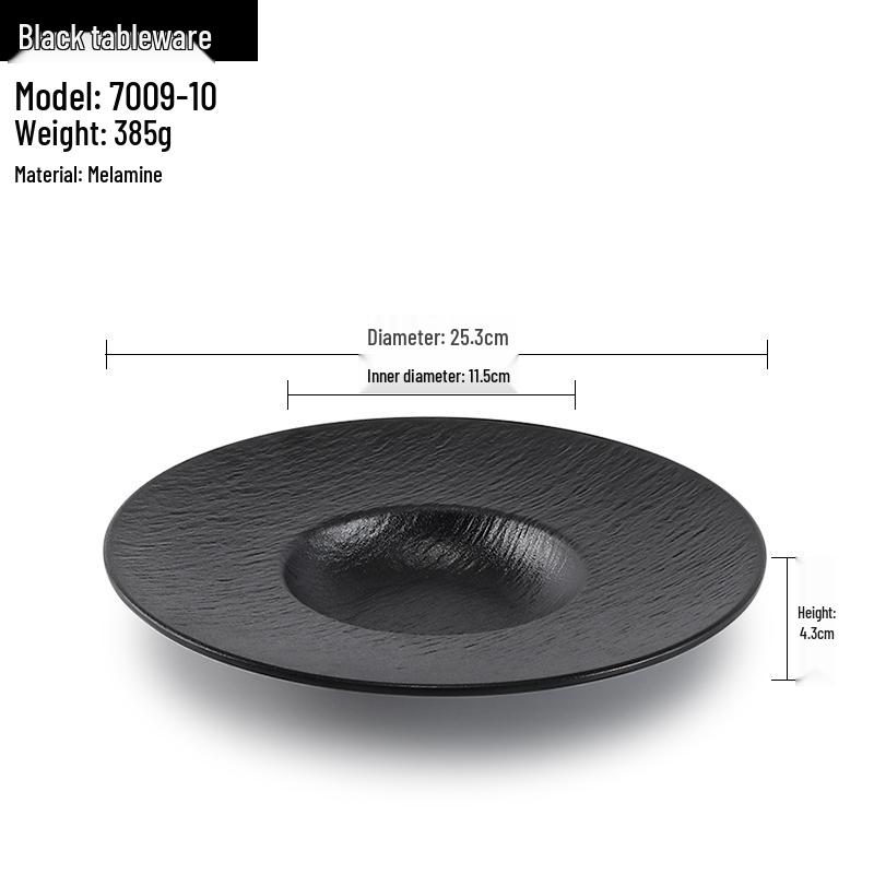 Melamine Black Round Plate for Pasta, Steak, Hot Pot, BBQ, and Tableware