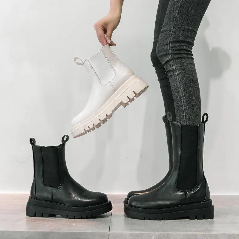 Dámské Chelsea Boots Jaro Nové Černá Střední Kotníková Plochá Platforma Dámské Boty Dámské All Match Klasické Stručné Módní Boty s kulatou špičkou