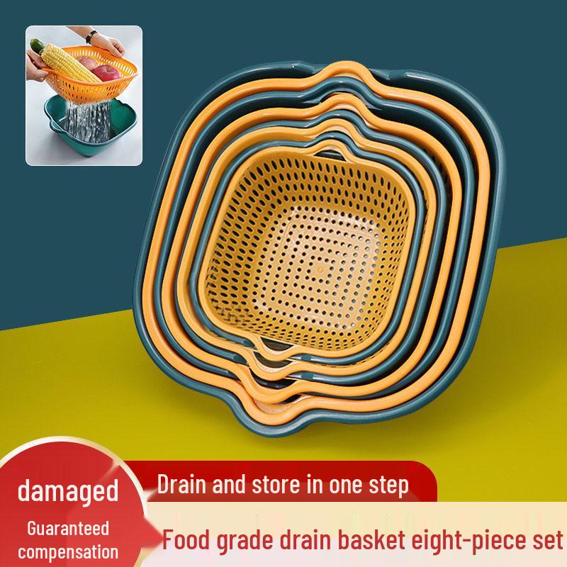 Six-Piece Colorful Double-Layer Kitchen Basket Set for Washing Vegetables & Fruits