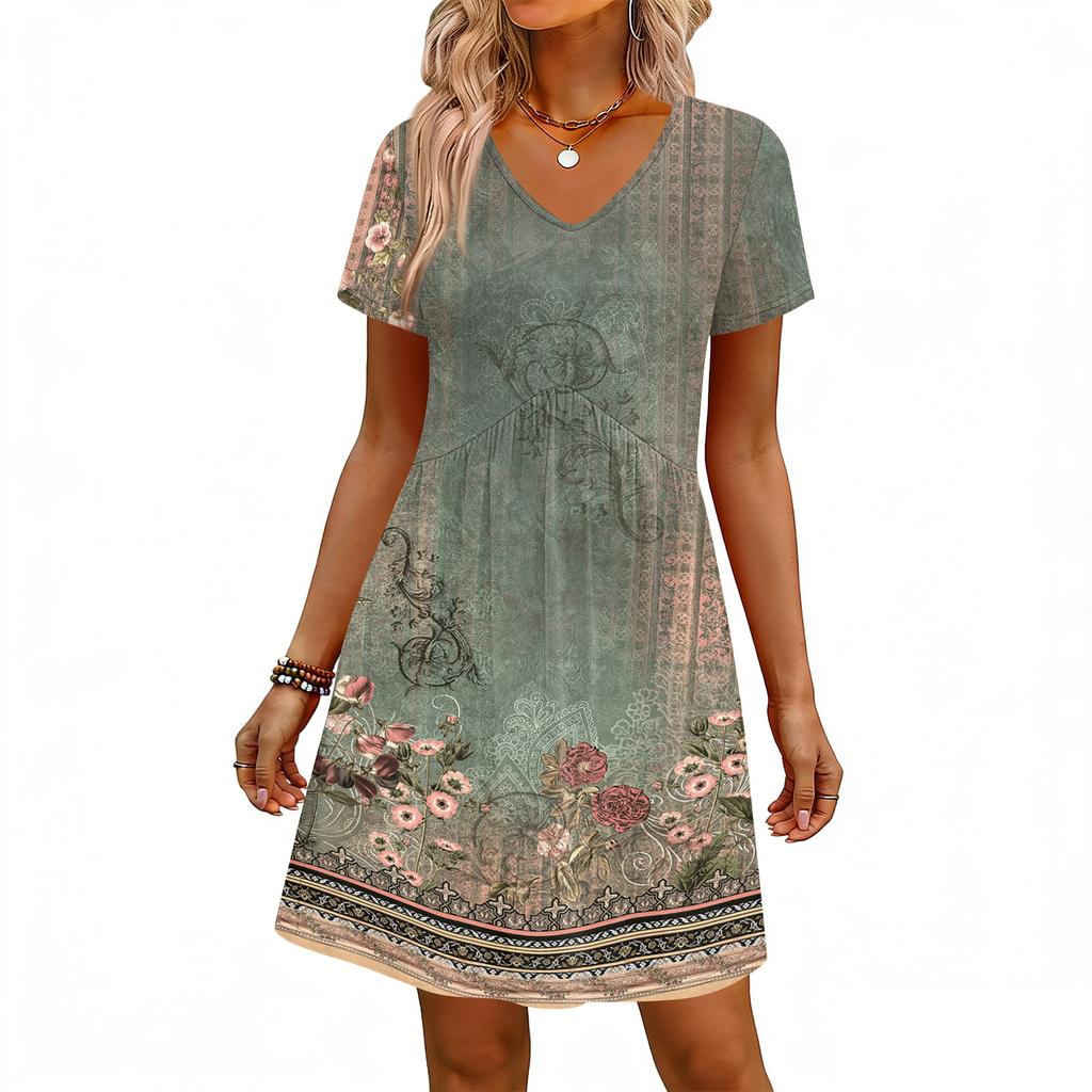Modisches Damenkleid mit Print, V-Ausschnitt, kurzärmelig, locker, lässig, für den Strandurlaub