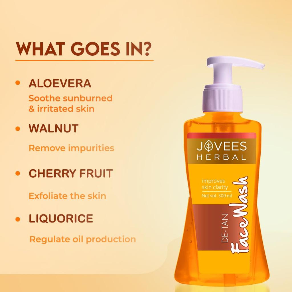 Jovees Herbal Detan Face Wash 300ml Gentle Cleanser For Tan Removal Glowing Even Tone Hydration Brightening Clear Skin For All Skin Types