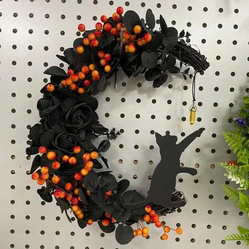 1 Pcs Halloween Moon Cat Garland With Rose Black Decorations Halloweens Garland Wreath For Front Door Door Decor
