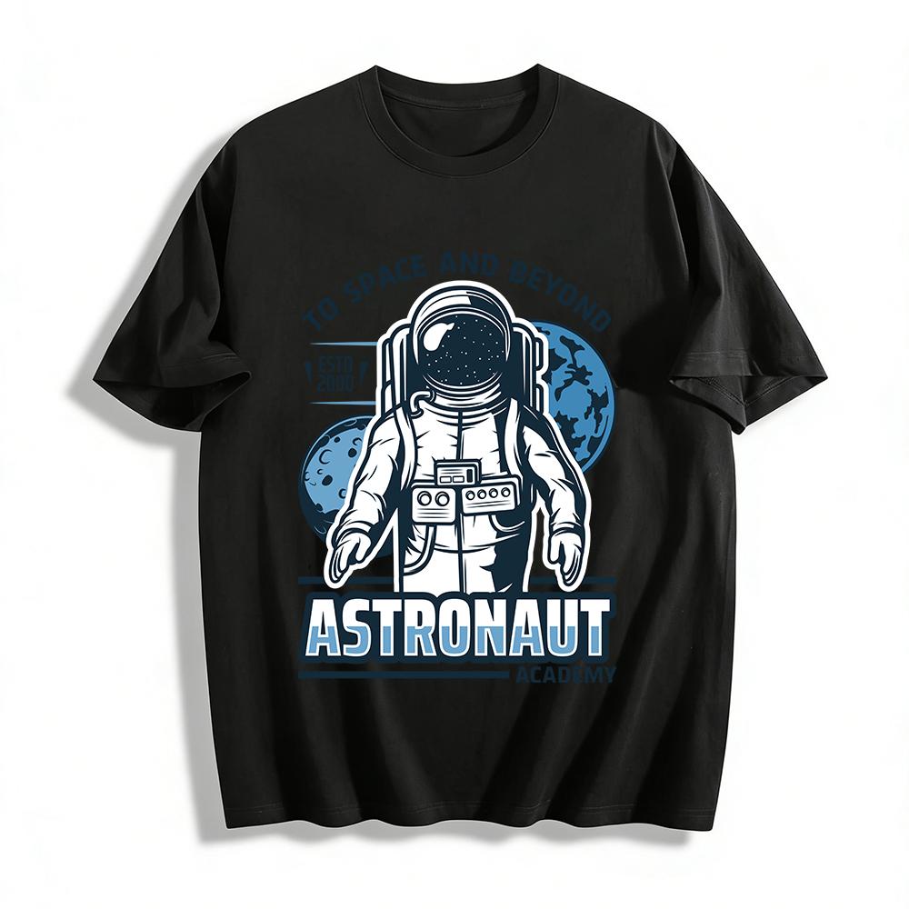 Vintage Astronaut Academy Print Tee Space Exploration Casual Top Pure cotton T-shirt XXS