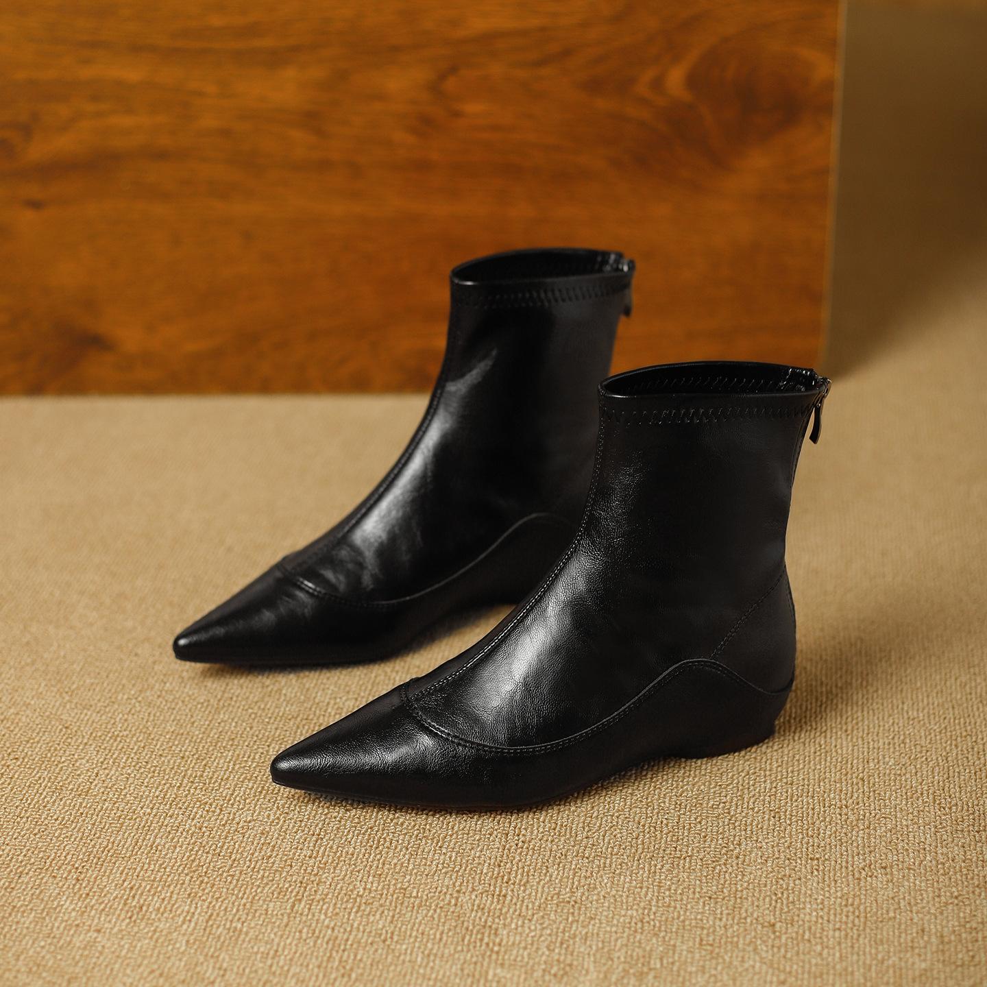

Retro British style pointed thin boots 2025 autumn and winter new soft leather fashion versatile inner height-increasing short boots bare boots 34 чёрный