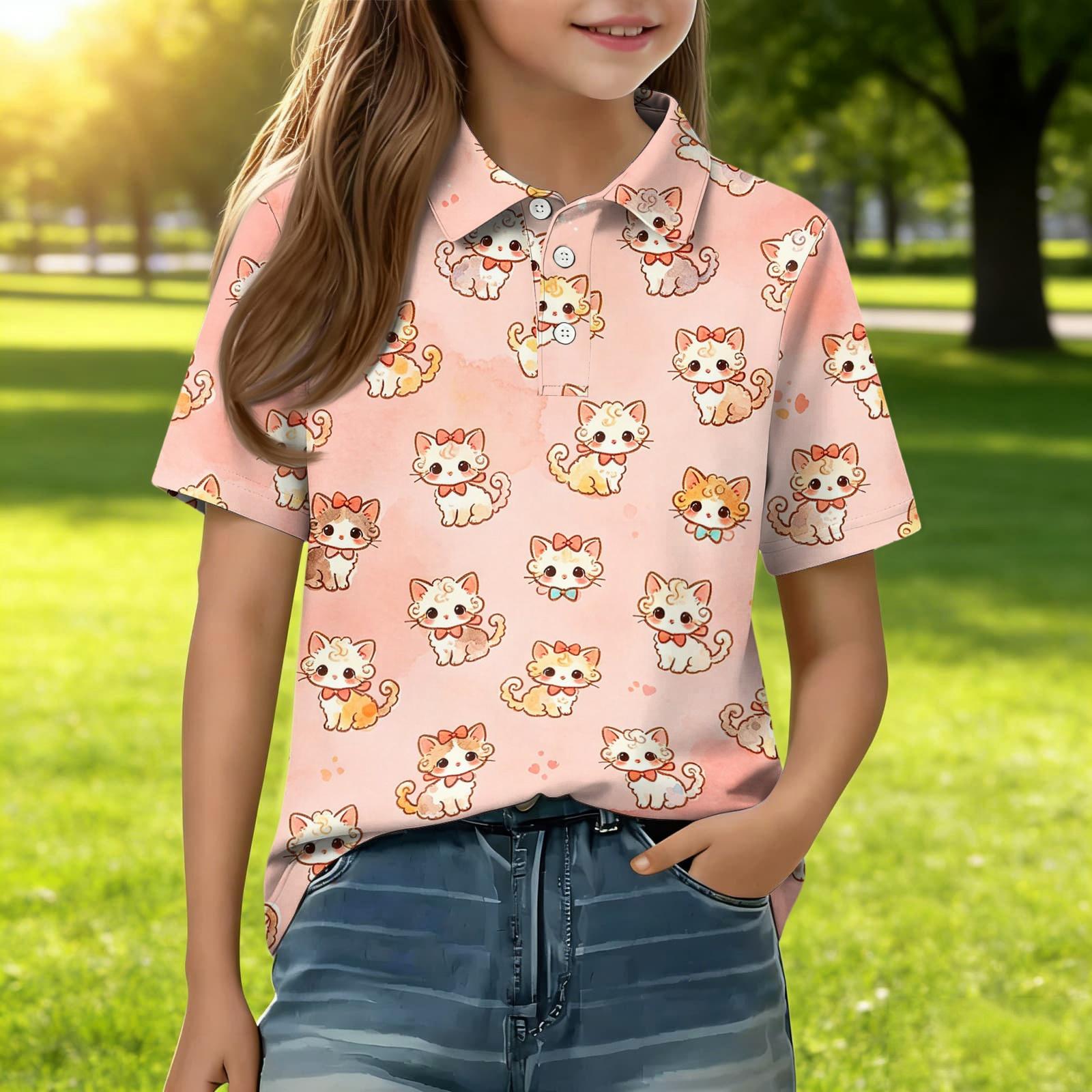 

Kids Short Sleeve Polo Shirt Animal Print Casual Top Button Collar Boys Girls Lightweight Summer Tee 150