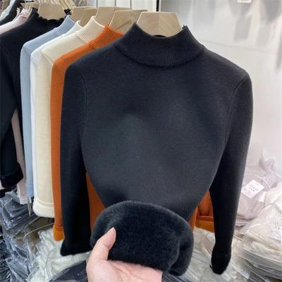 Korean Turtleneck Slim Thicken Knitted Pullovers Woman Winter Plus Velvet Sweater Casual Fleece Lined Warm Knitwear Tops