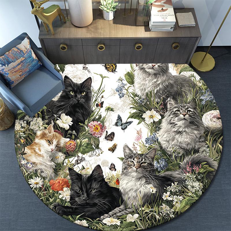 Cats Flowers Round Area Rug,Carpet Rug for Living Room Bedroom Sofa Playroom Decor,Non-slip Floor Mat