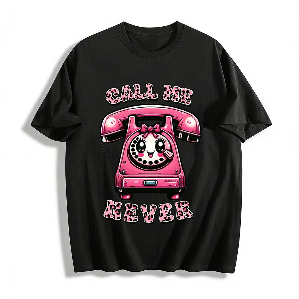 Funny Retro Pink Phone Call Me Never Leopard Print Casual Top Pure cotton T-shirt XXS