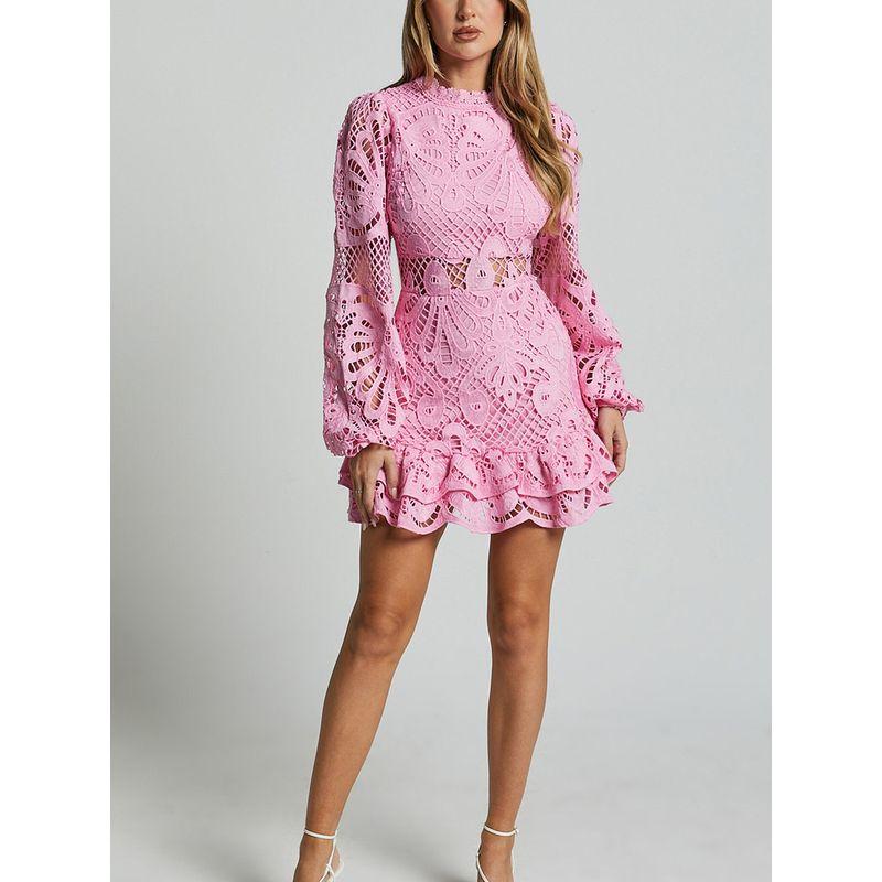 Cross-Border European and American Stand Collar Lantern Long Sleeve Waist Hugging Formal Dress Frill Hollow Water Soluble Lace Jumpsuit Skirt DRESS