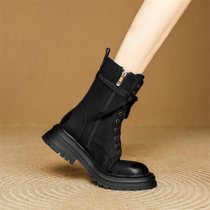 Fashion New Autumn/winter Split Leather Women Boots Round Toe Shoes for Women Fashion Boots Mid Heels Lace Mid-calf Boots Platform Shoes