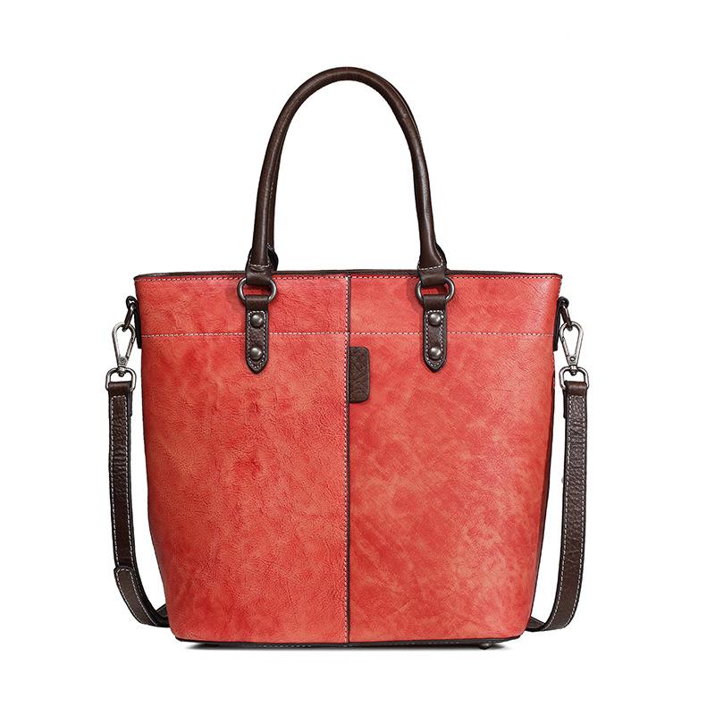 Johnature Retro Women Bucket Bag Leisure Genuine Leather Handbag Large Capacity Solid Color Shoulder Messenger Bags