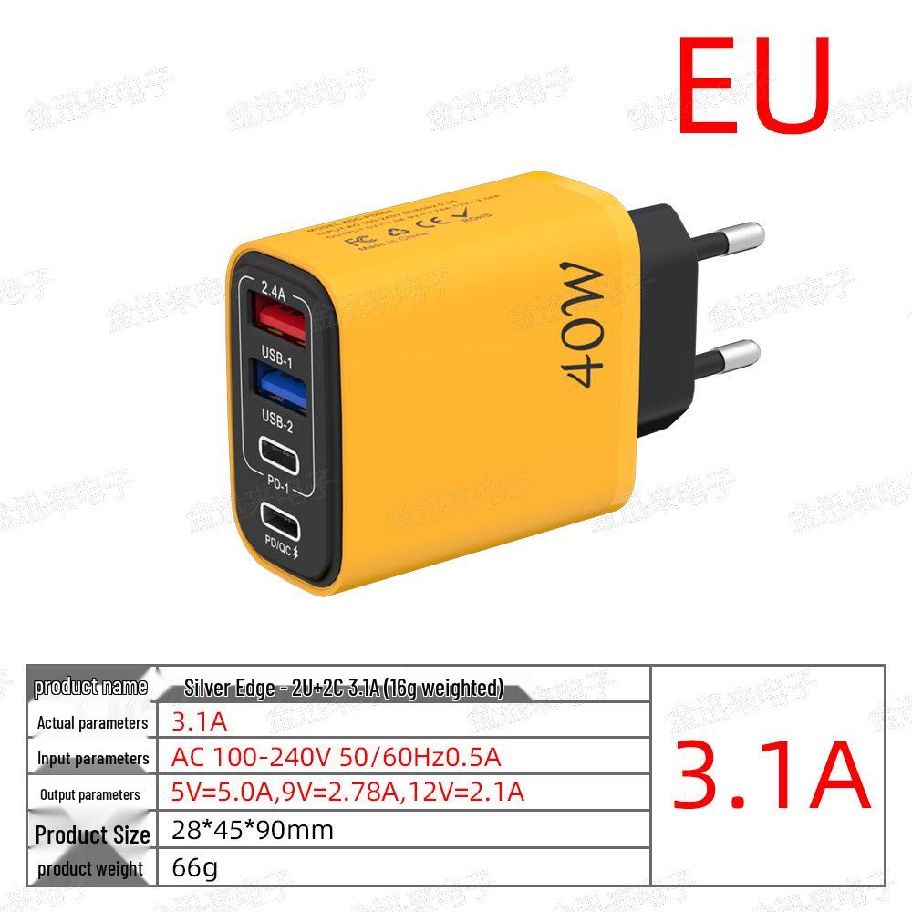 40W Multi-port Charger with 2 USB & 2 PD Ports, EU/US/UK Plug Adapter