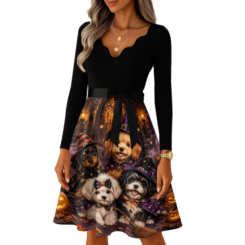 Women's Vintage Casual Halloween Dress with Long Sleeve V-Neck and Blood Drop Print