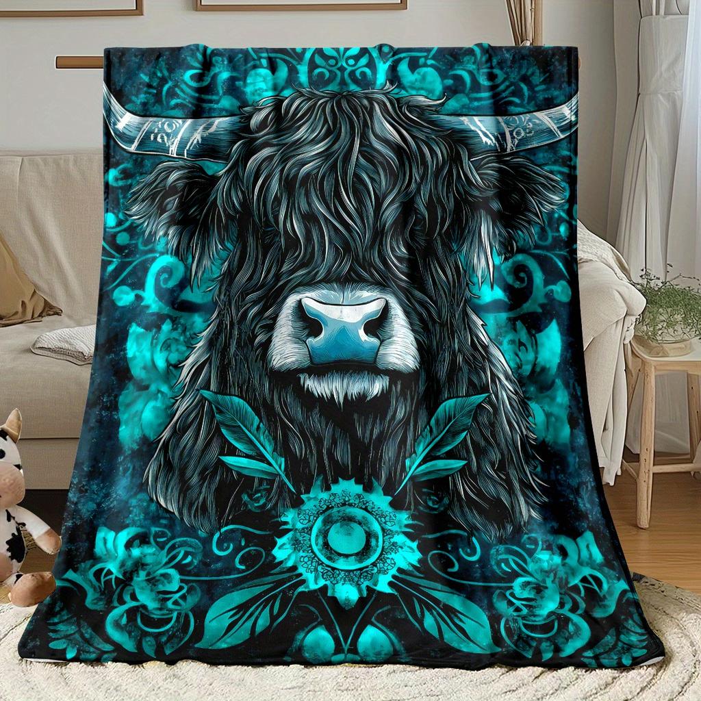 Individuelle Hochlandkuh-Decke Türkis-Blumenmuster Personalisierter Name Fleece-Überwurf Ganzjahres-Weich Warm Bettwäsche Heimdekoration