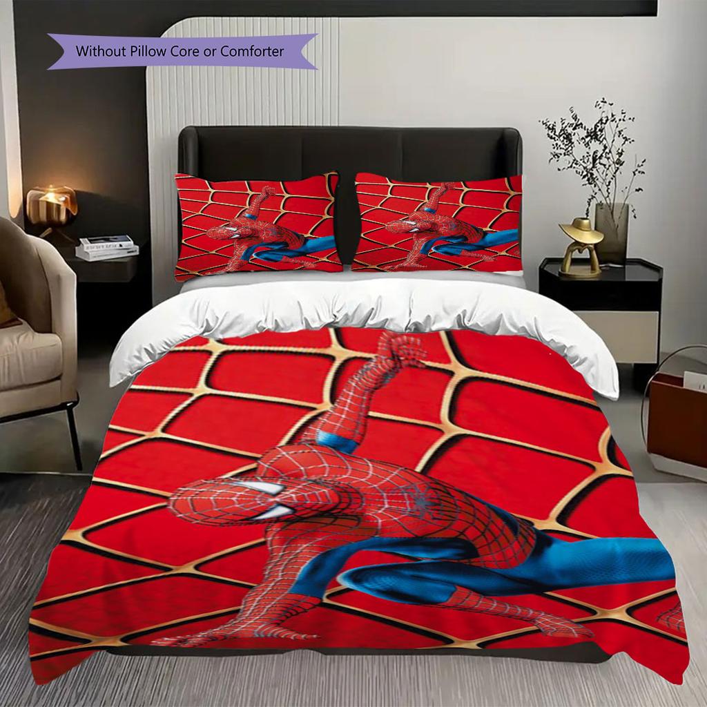 Superhero Series Spider-Man Cartoon Pattern Bedroom Three-piece Duvet Cover Bedding Set for Children.