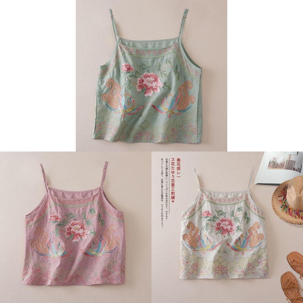 Cotton Linen Embroidered Vintage Sleeveless Tank Top For Women Summer Casual Wear